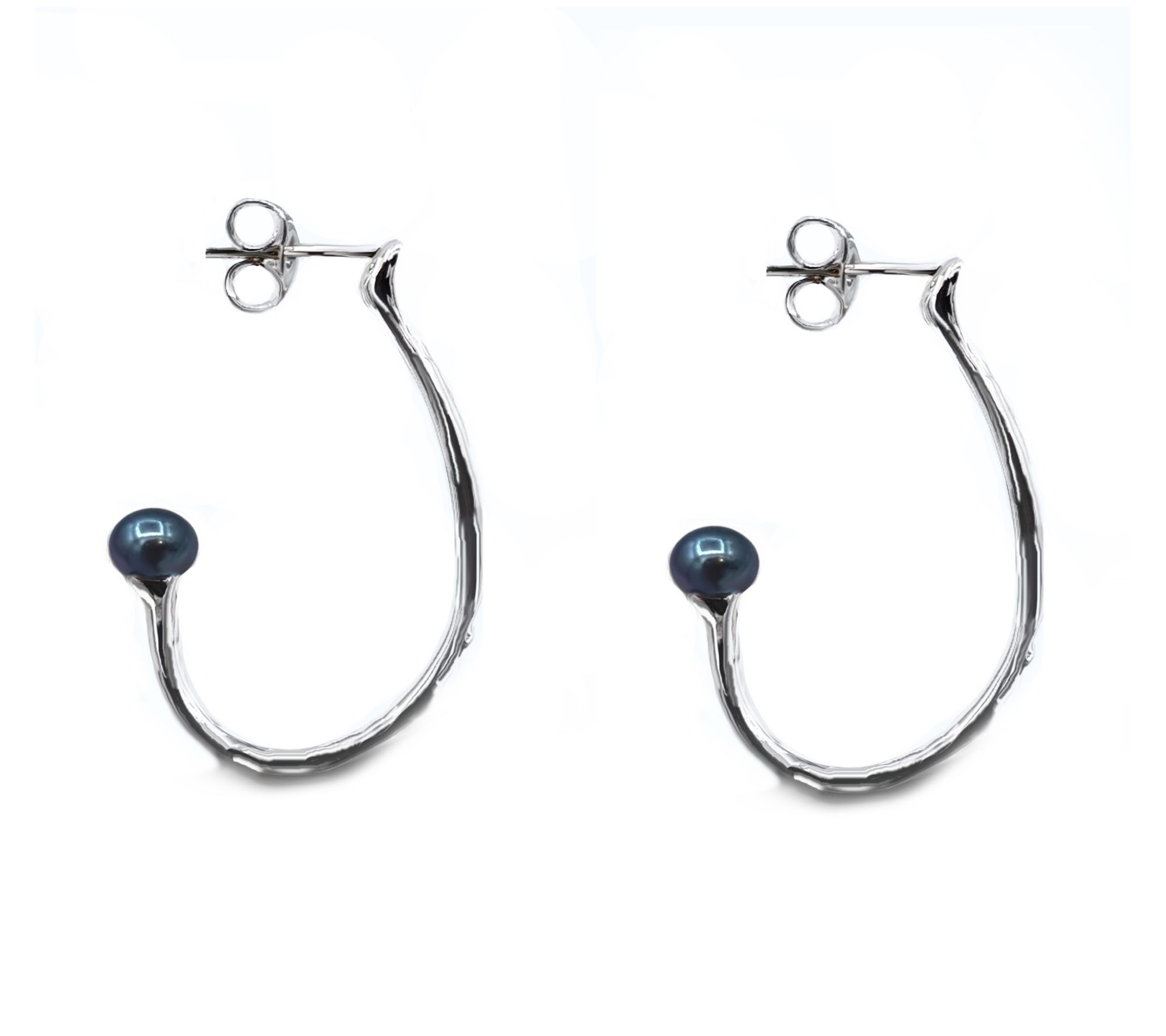 Hagit Sterling Silver Cultured Pearl Hammered Hoop Earrings