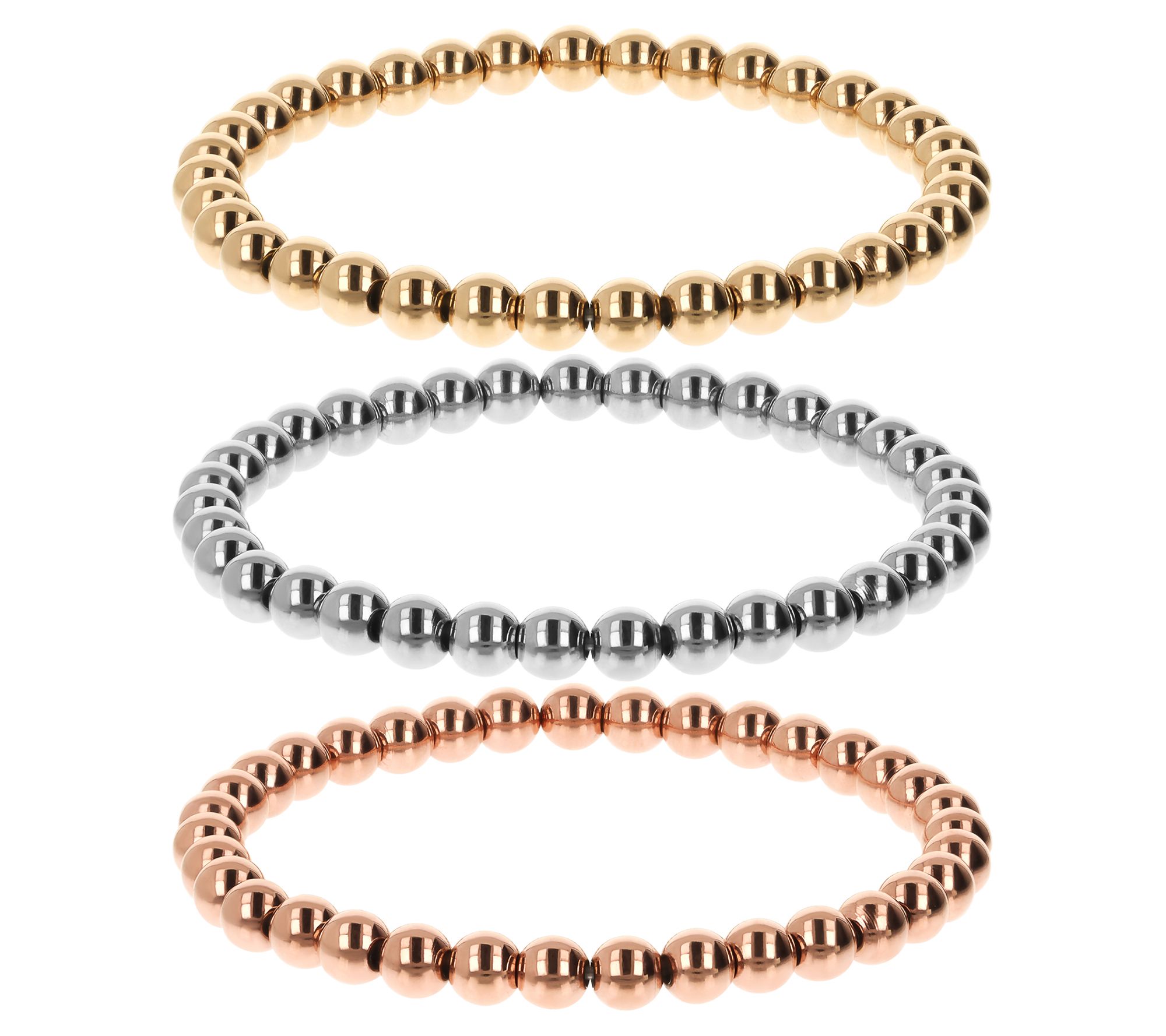 Steel by Design Set of 3 Polished Bead StretchBracelets