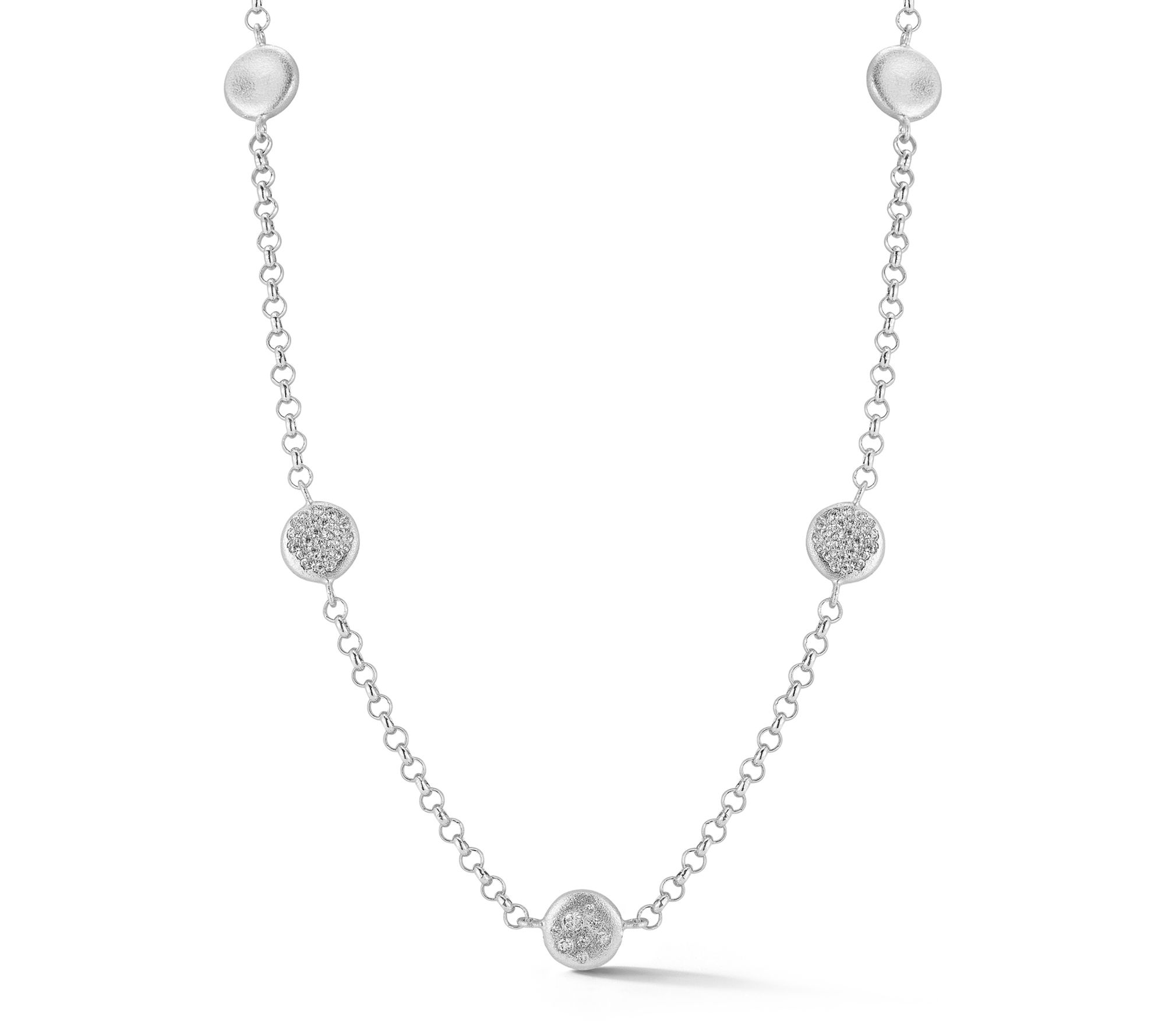 Sterlina Silver Pave Satin Disc Station Necklace, Sterling