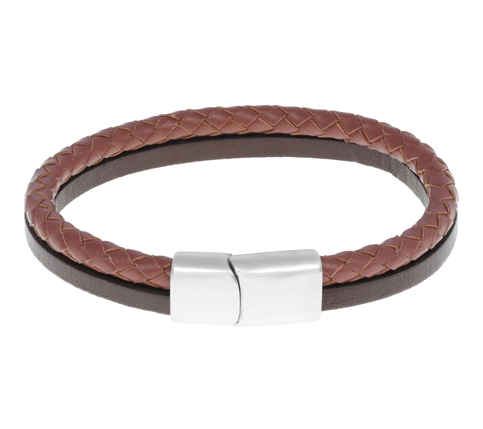 LYNX Men's Stainless Steel Two-Tone Brown Leather Bracelet
