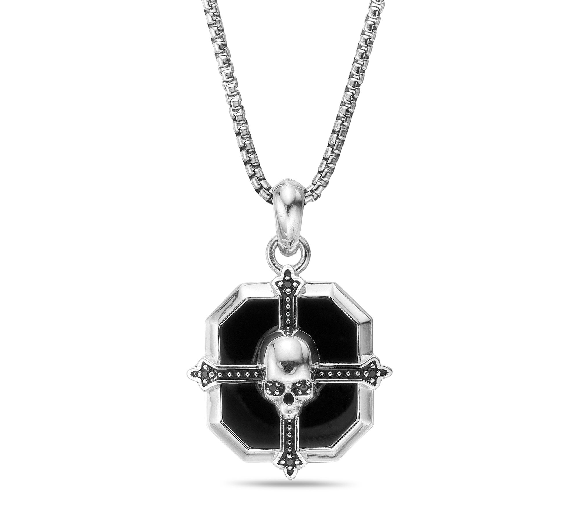LYNX Men's Sterling Black Spinel & Onyx Skull Pendant w/ Chain