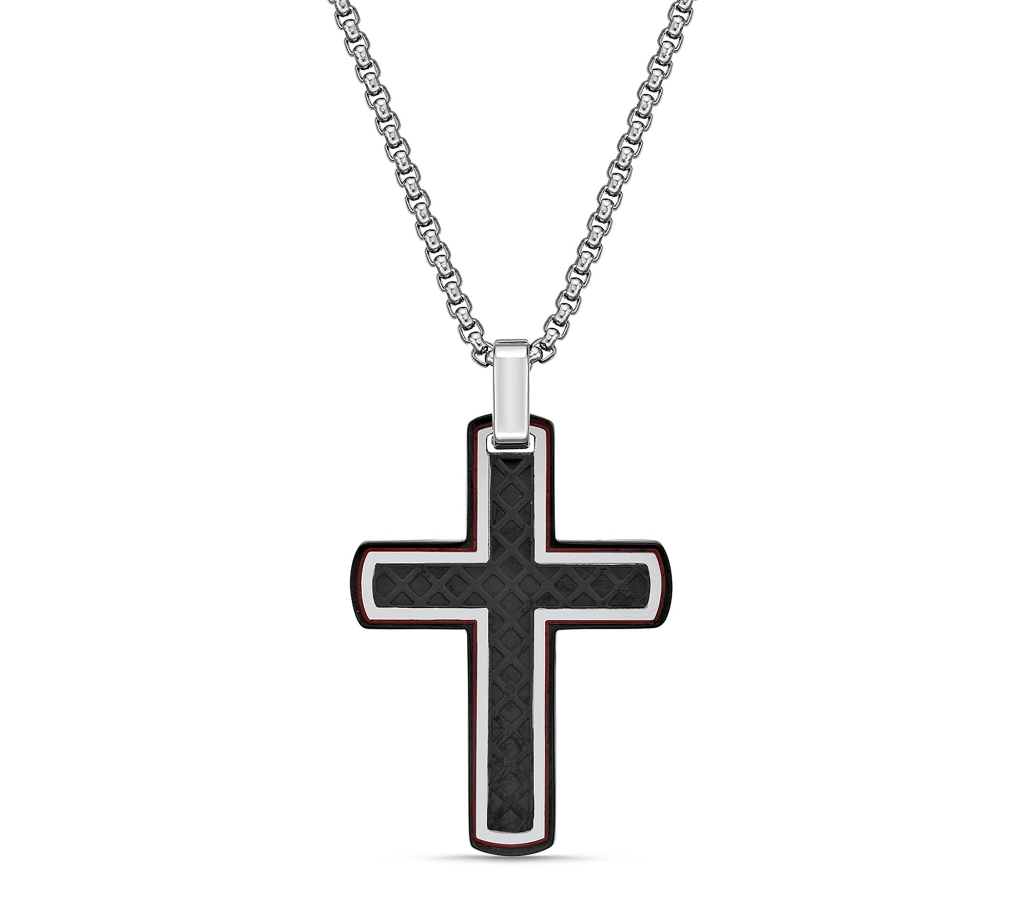 LYNX Men's Stainless Black IP & Red Resin Cross Pendant
