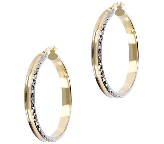 Italian 14k Gold White Rhodium-plated Polished & Diamond Cut Hoop Earrings 