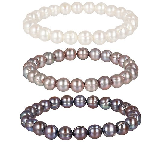 Honora Set of 3 Cultured Pearl Stretch Bracelet s