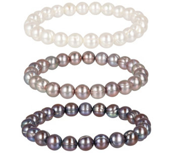 Honora Set of 3 Cultured Pearl Stretch Bracelet s - J396903