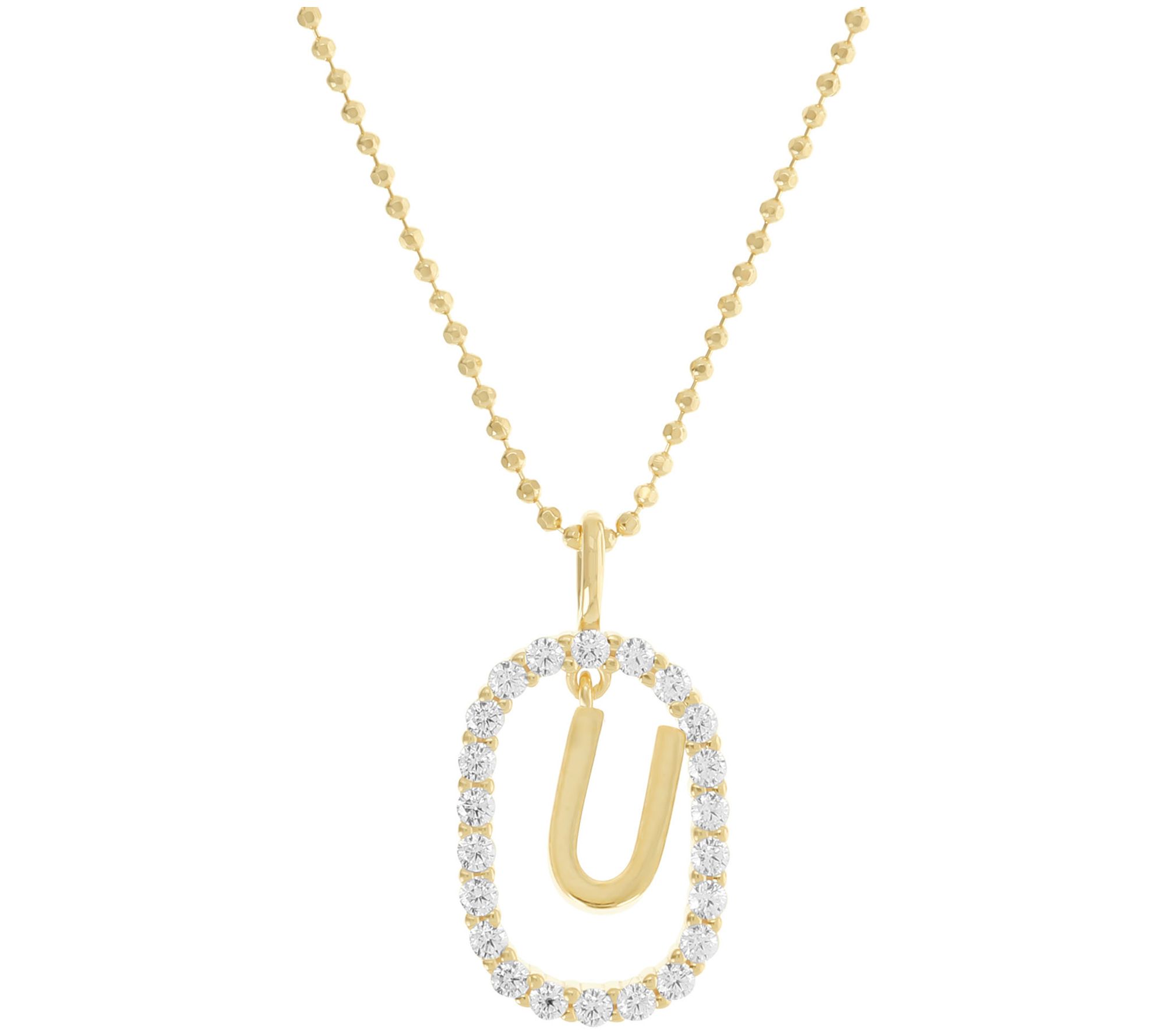 Diamonique Initial Pendant w/ Chain, 14K Gold Clad