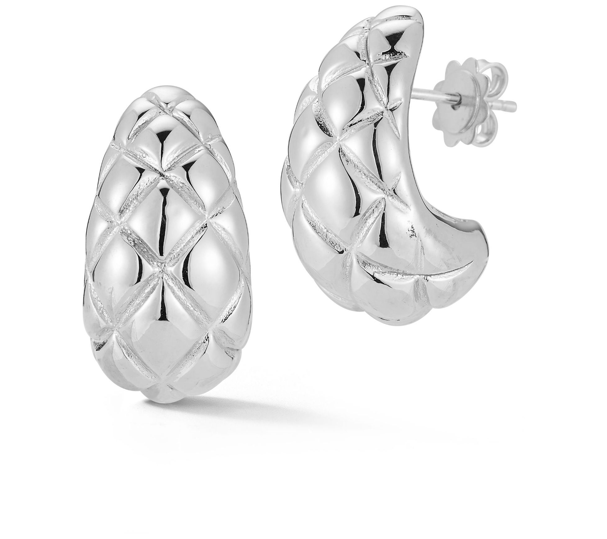 Italian Silver Hollow Quilted J Earrings, Sterling