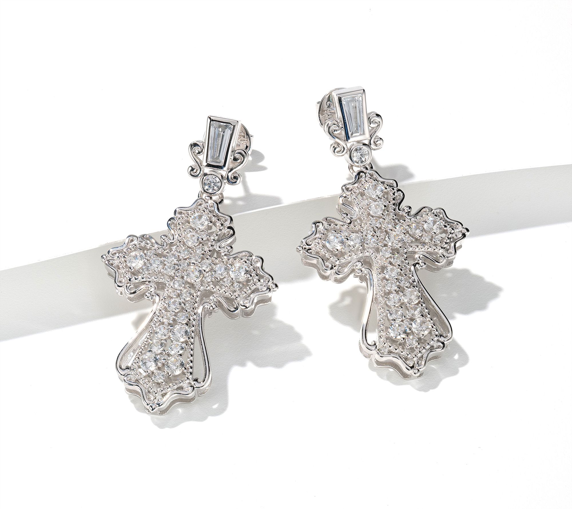 Dallas Prince White Zircon Filagree Cross Earrings, Sterling Silver