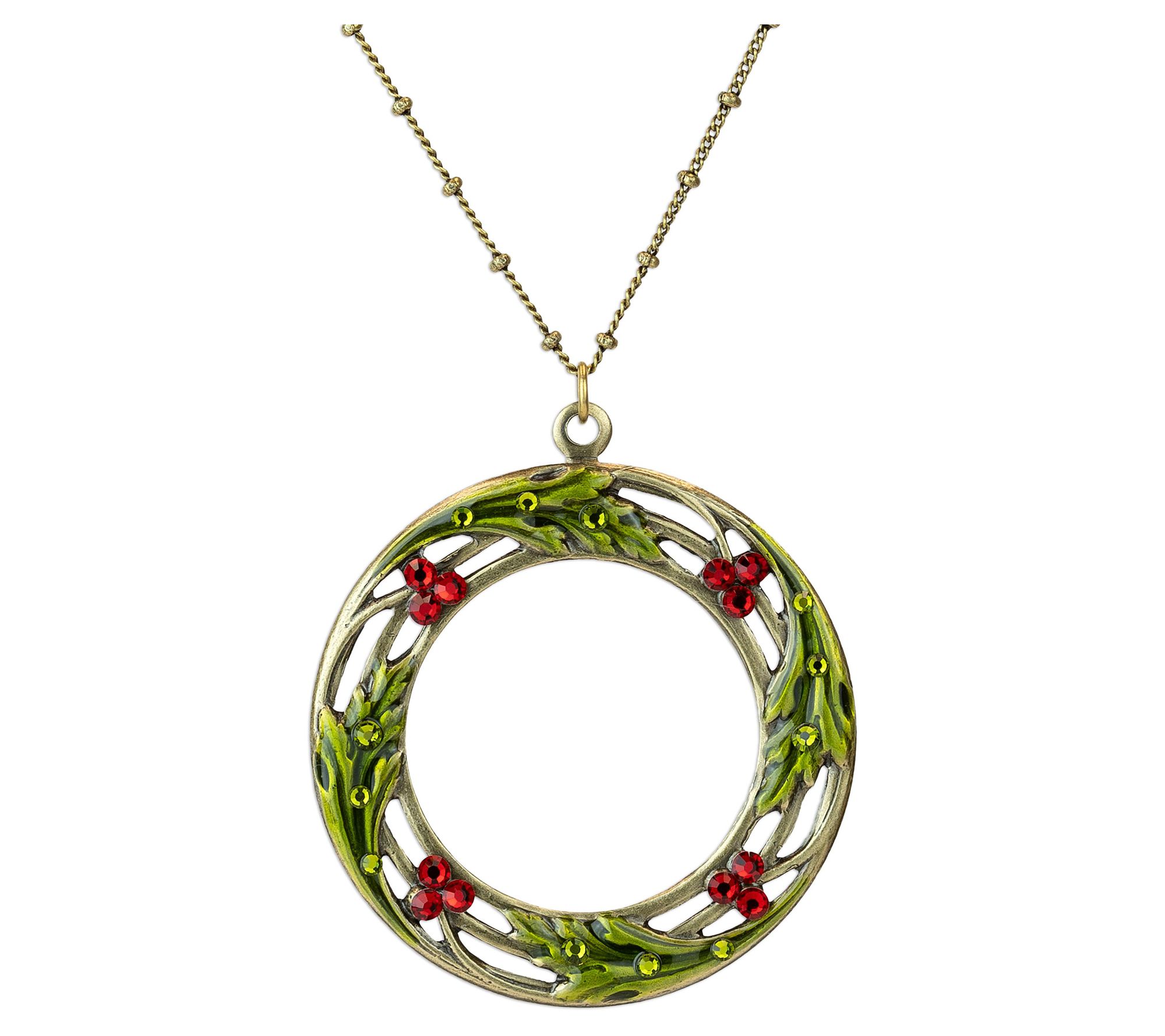 Anne Koplik Crystal Holly Berry Christmas Wreath Necklace