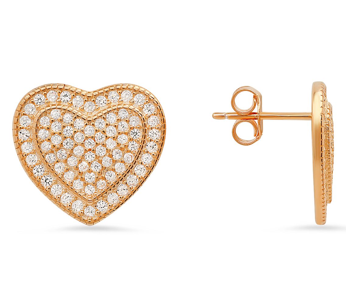 Diamonique Pave Heart Stud Earrings, Sterling Silver