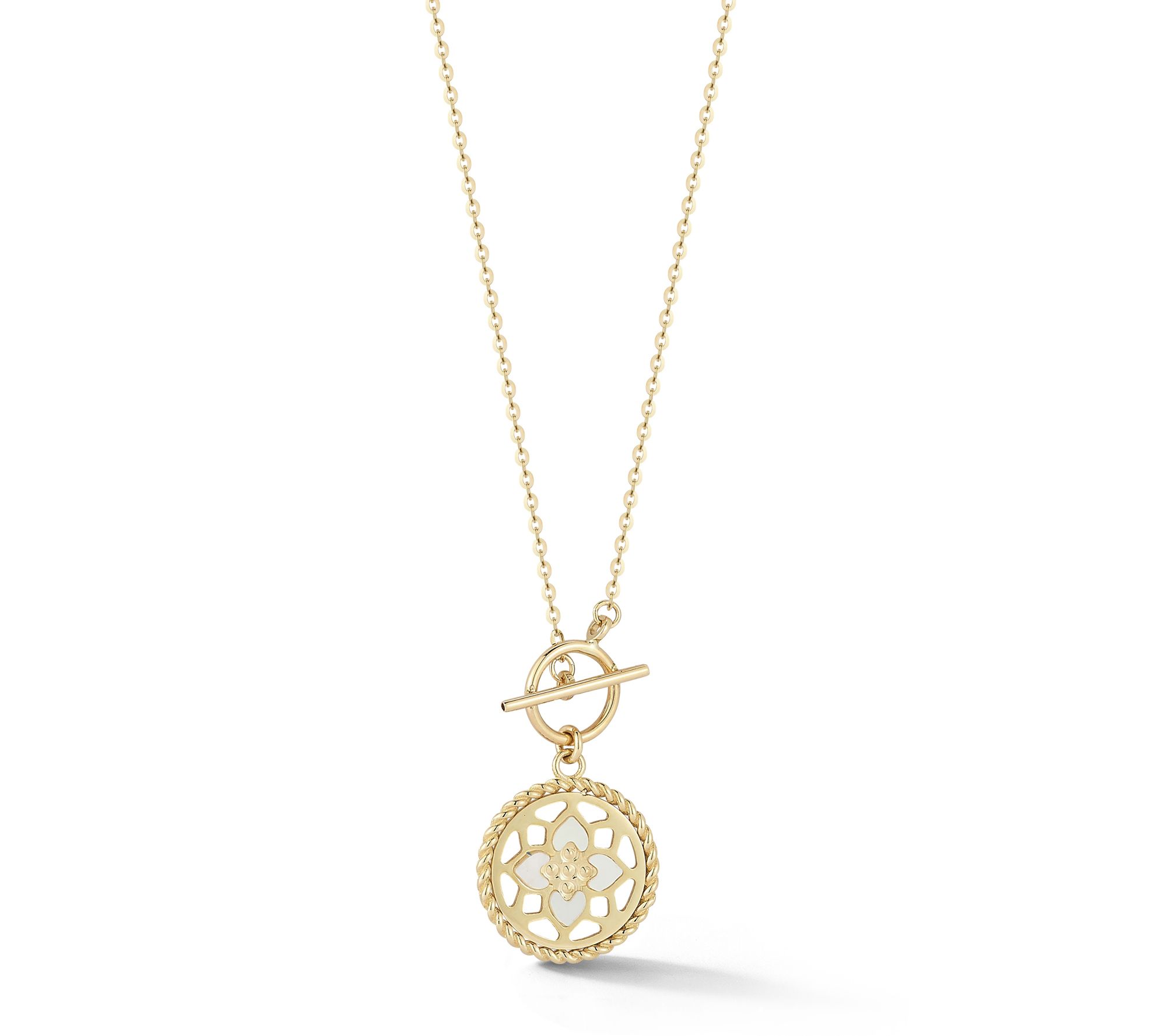 Luminosa Gold Mother of Pearl Flower Disc Toggle Necklace,14K