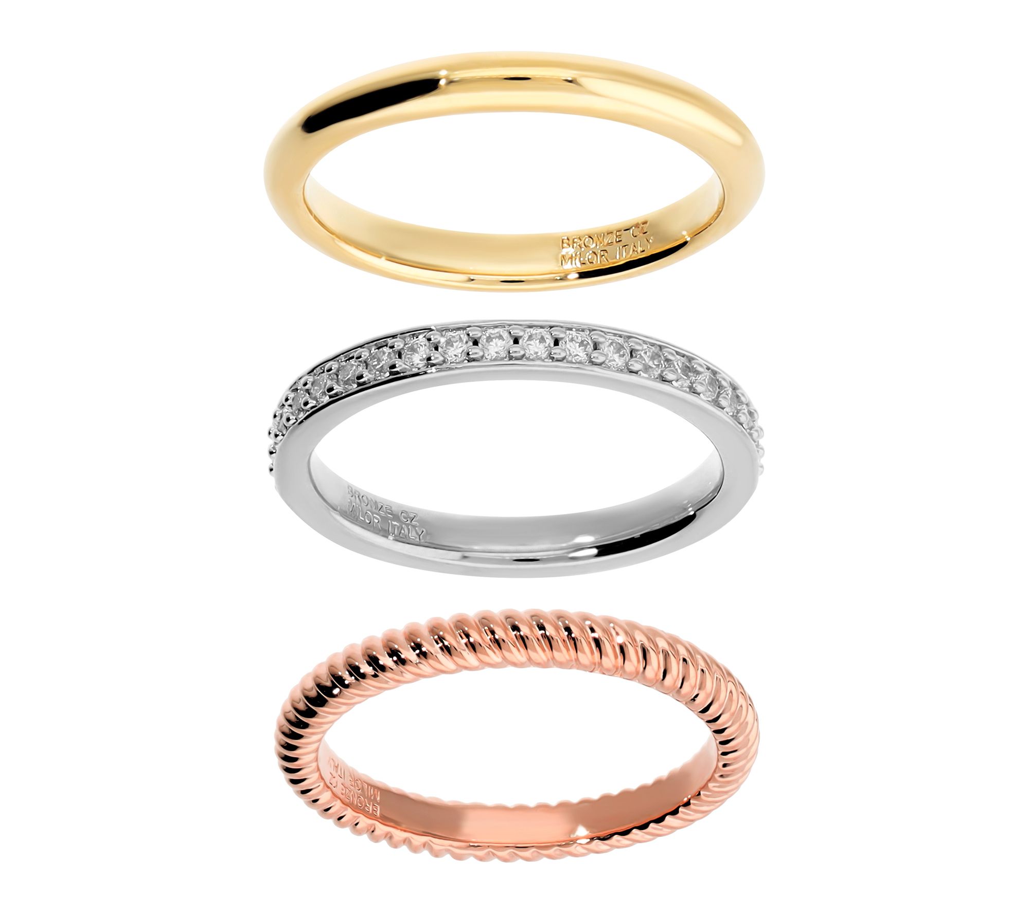  Diamonique x Bronzo Italia Set Of 3 Stackable Rings,18K Plated