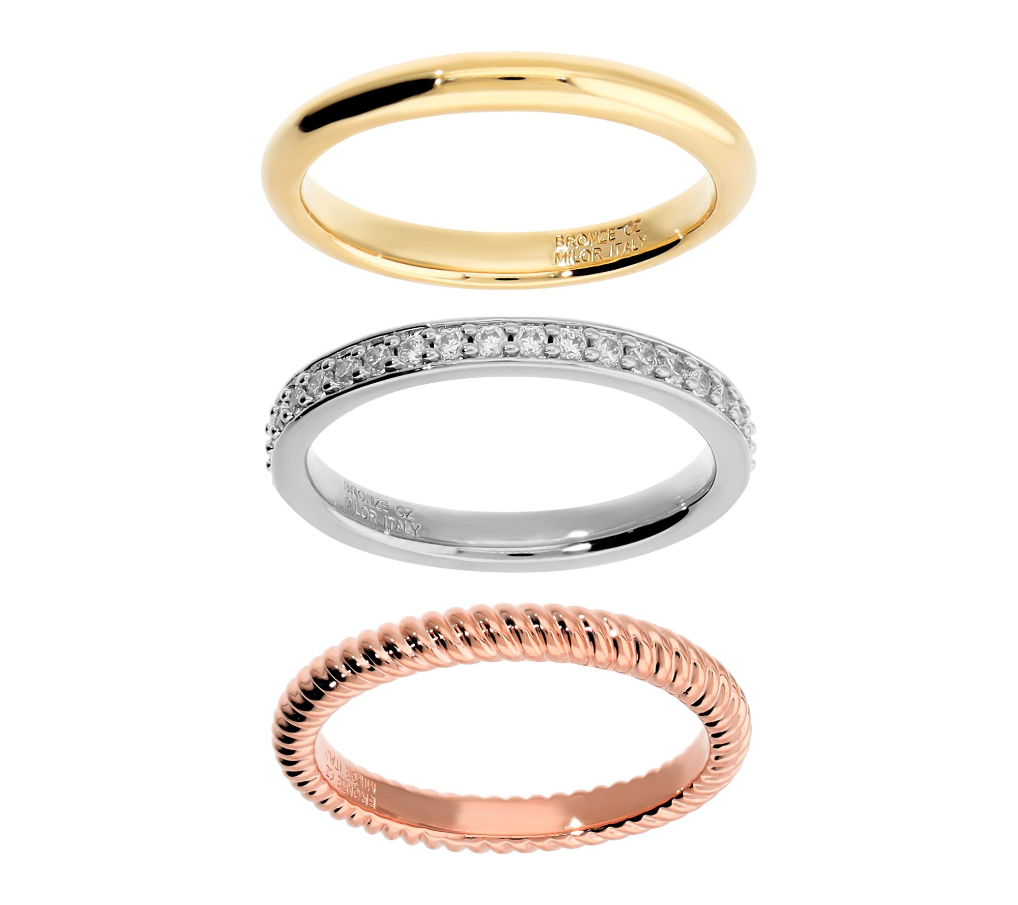 Diamonique x Bronzo Italia Set Of 3 Stackable Rings,18K Plated