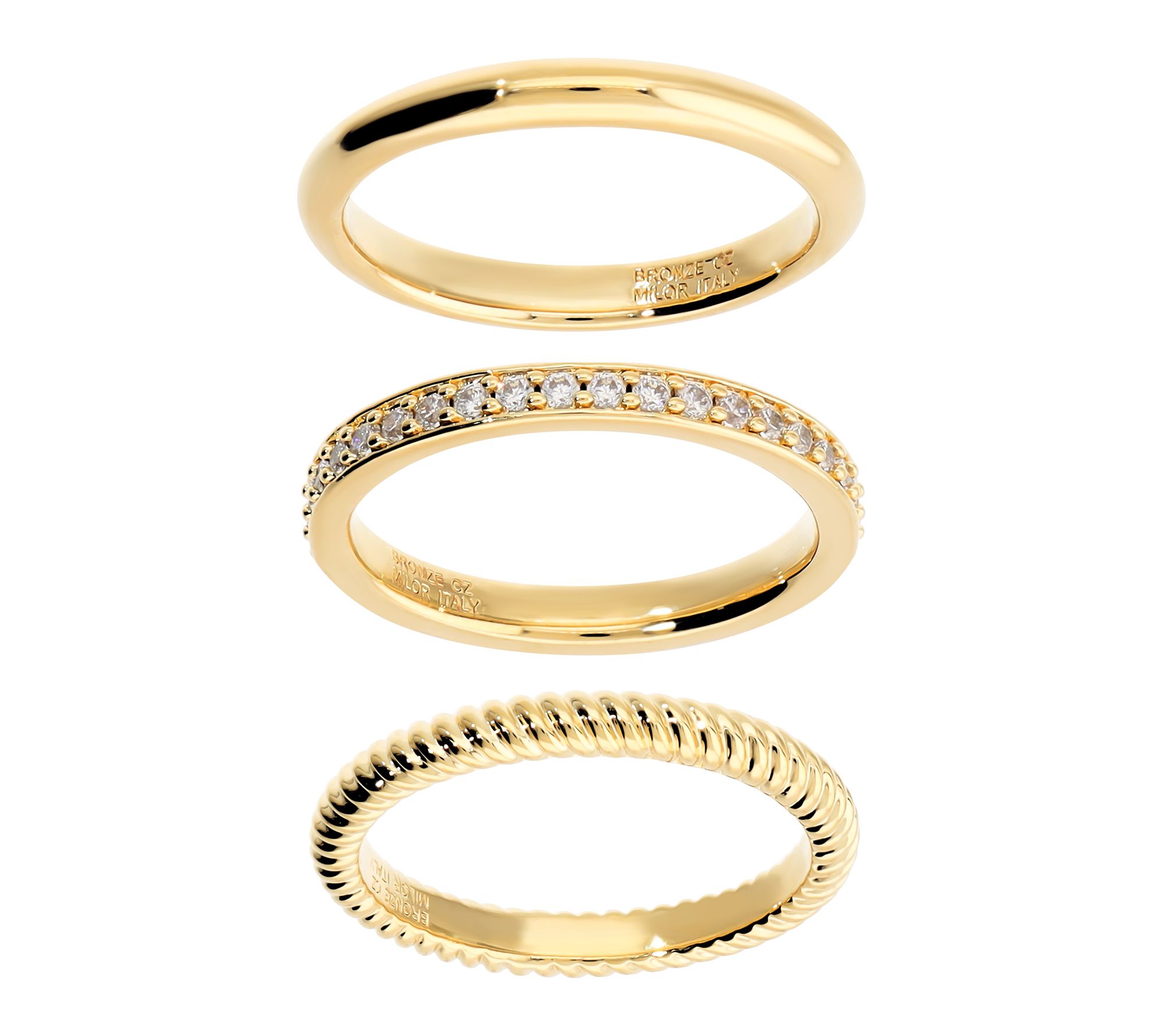Diamonique x Bronzo Italia Set Of 3 Stackable Rings,18K Plated