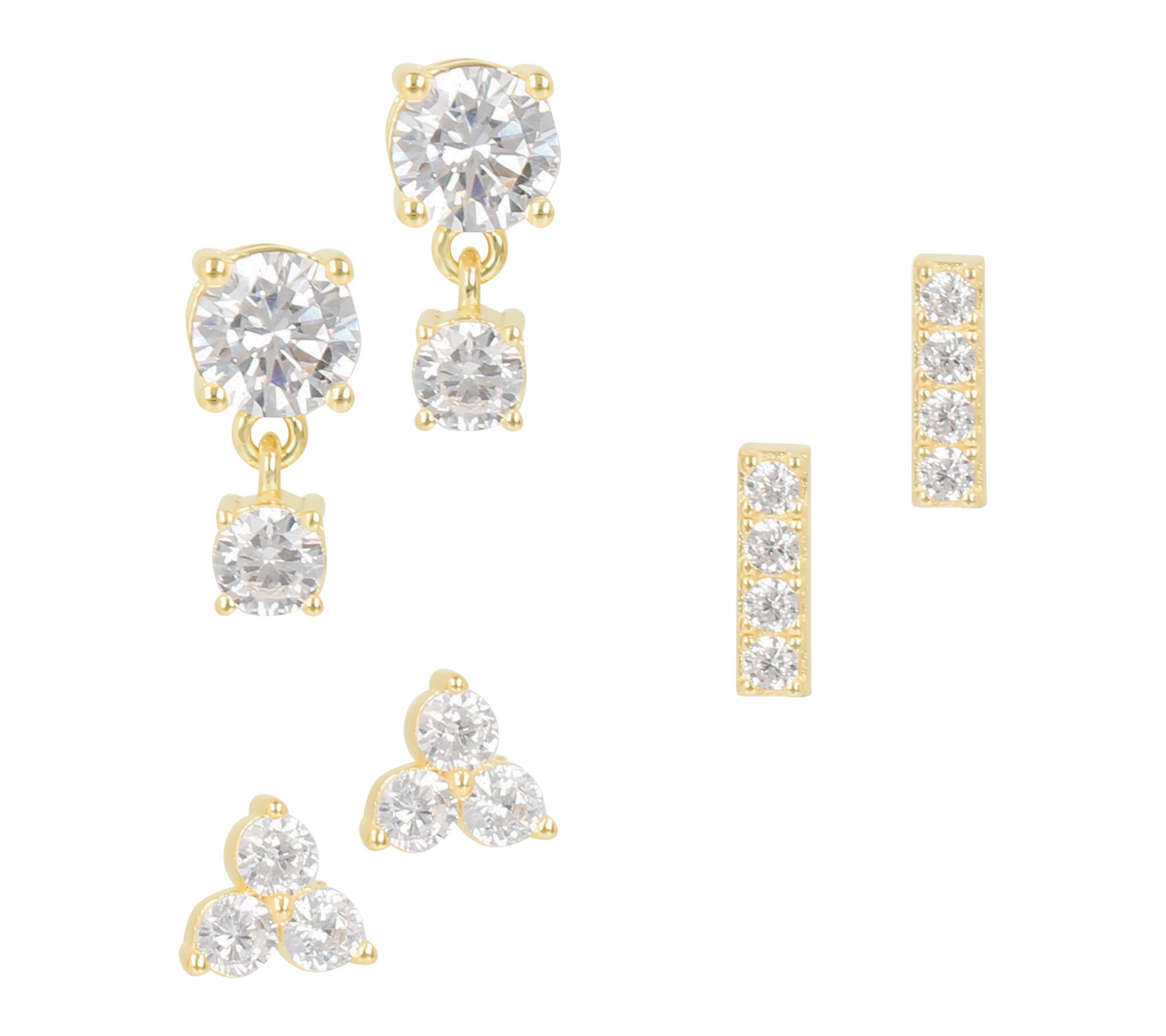 Diamonique Set of 3 Stud Boxed Earrings, 14K Gold Plated