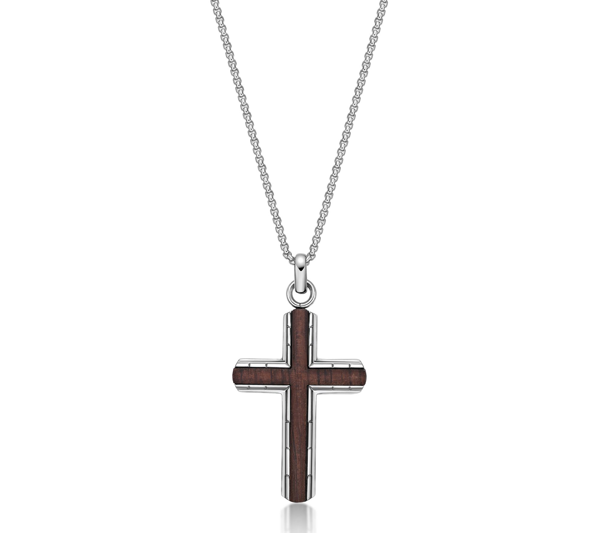 LYNX Men's Stainless Steel Bubinga Wood Cross Pendant w/ Chain