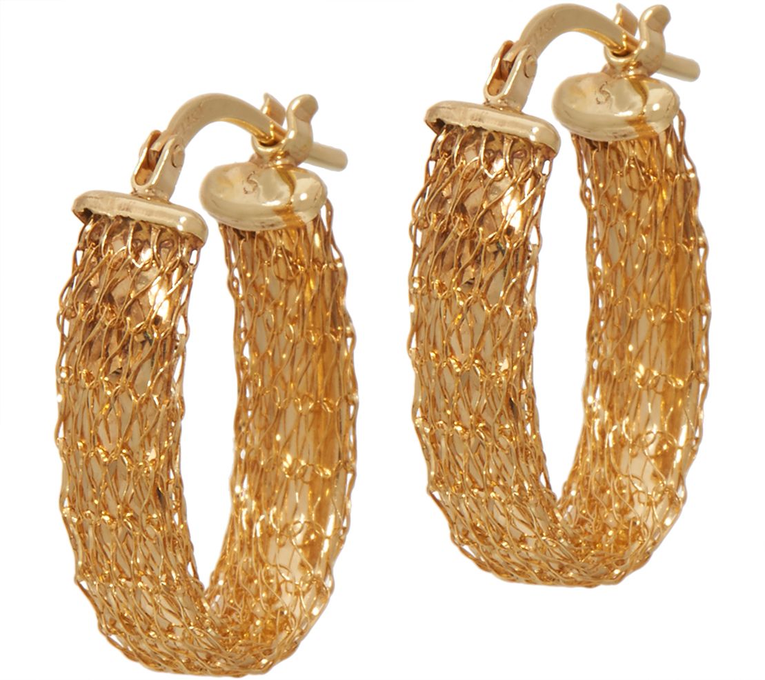 14K Gold Mesh Design Oval Hoop Earrings