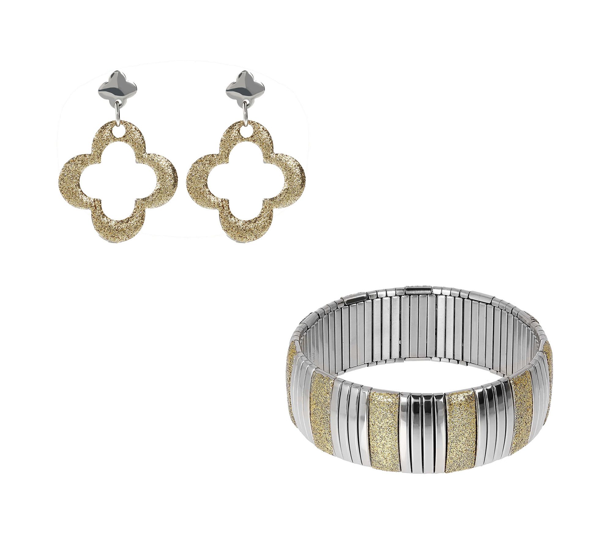 Steel by Design Glitter Earrings and Stretch Bracelet Set