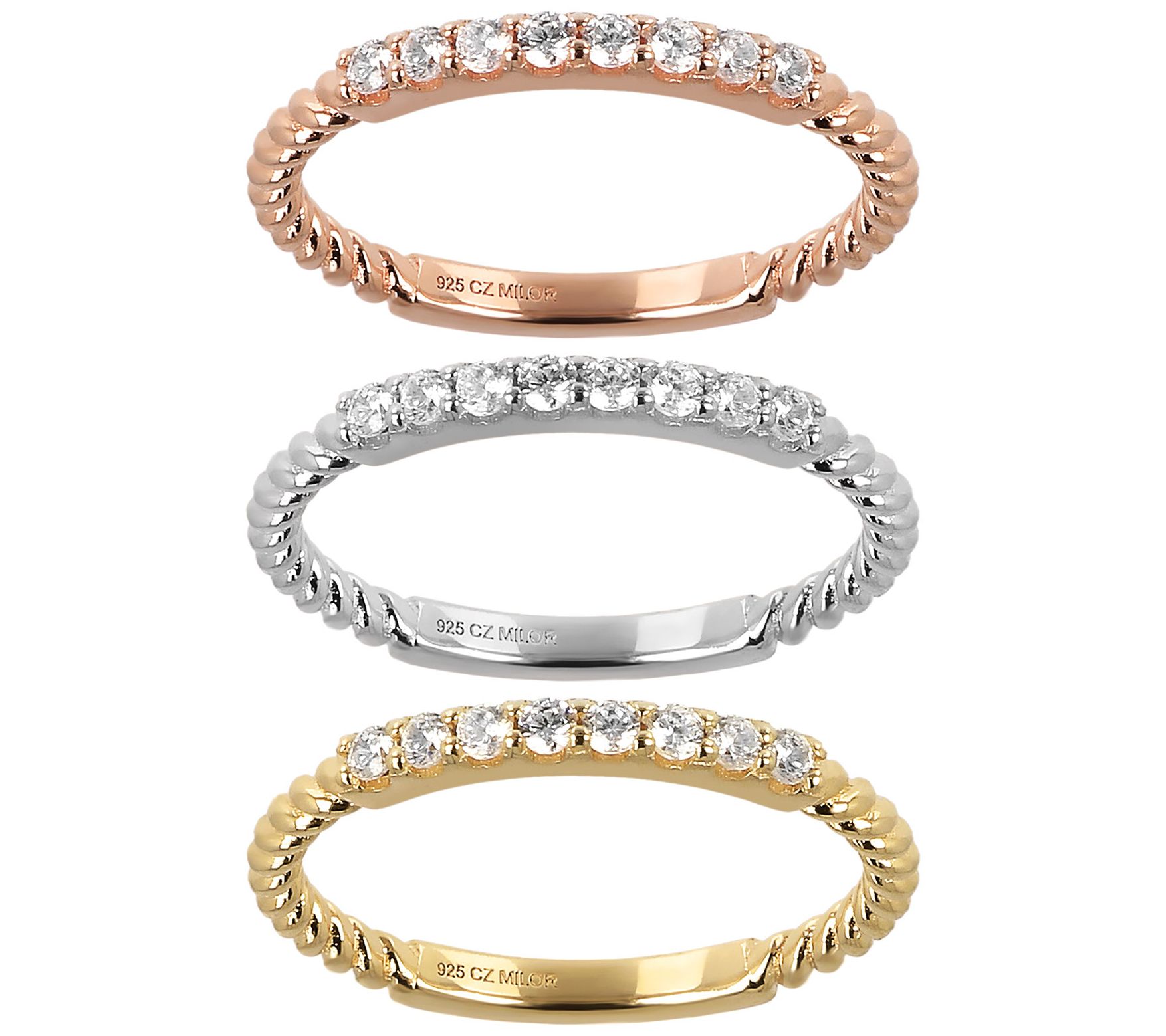 Diamonique 0.45 cttw Set of 3 Tri-Color Rings,rling Silver
