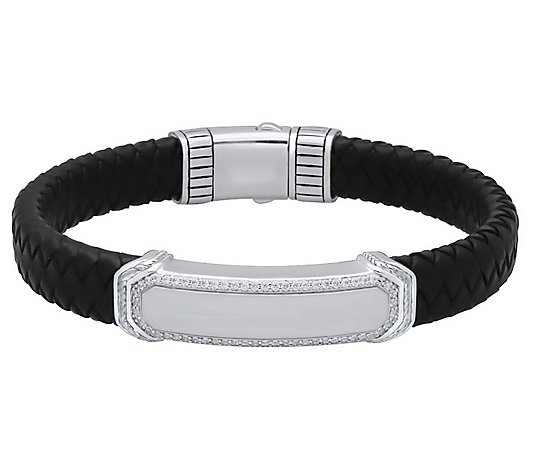 Men's 0.50 cttw Diamond Leather Bracelet, Sterling Silver