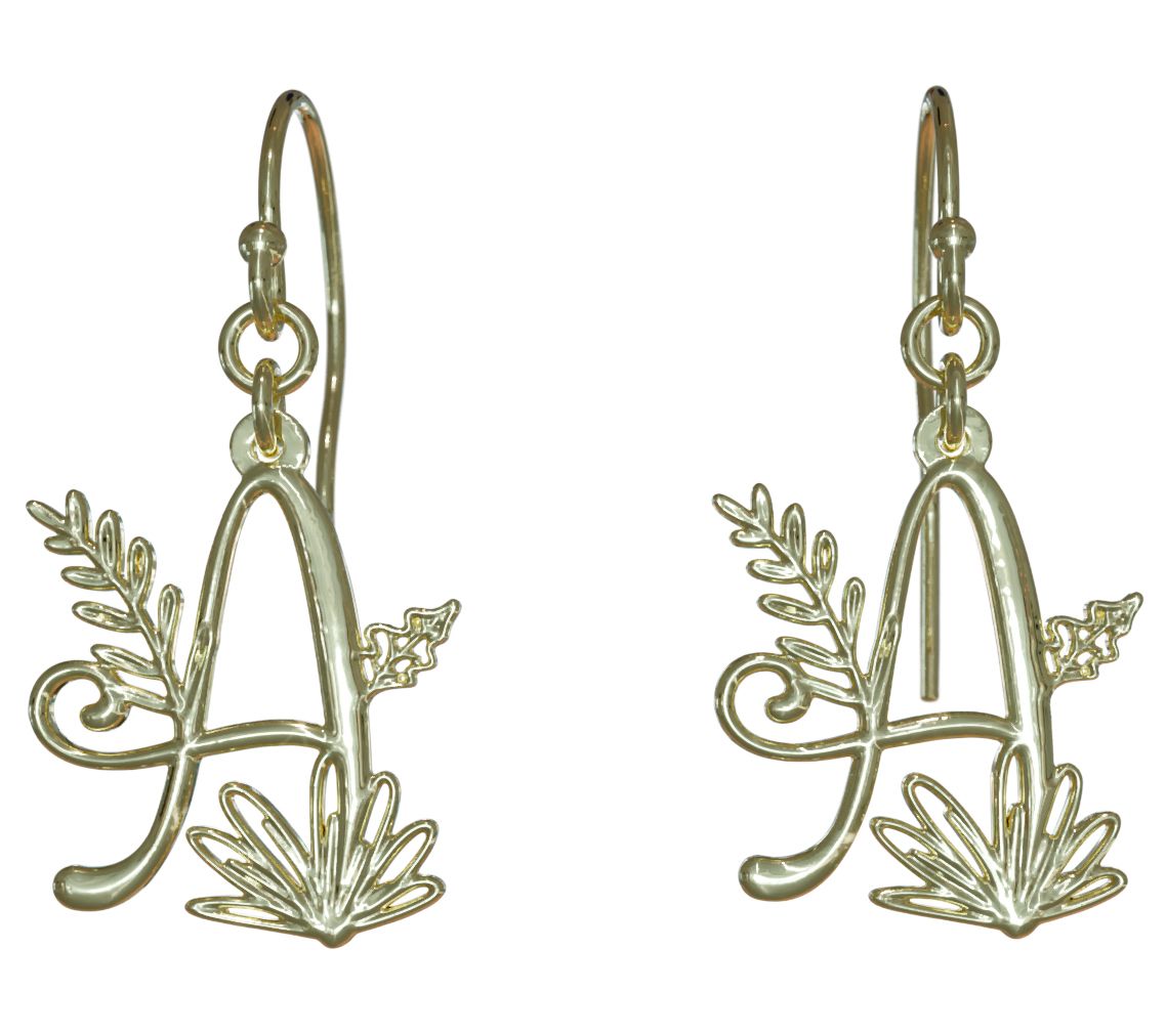 14K Gold Plated 3/4" Botanist Bouquet Initial Drop Earrings