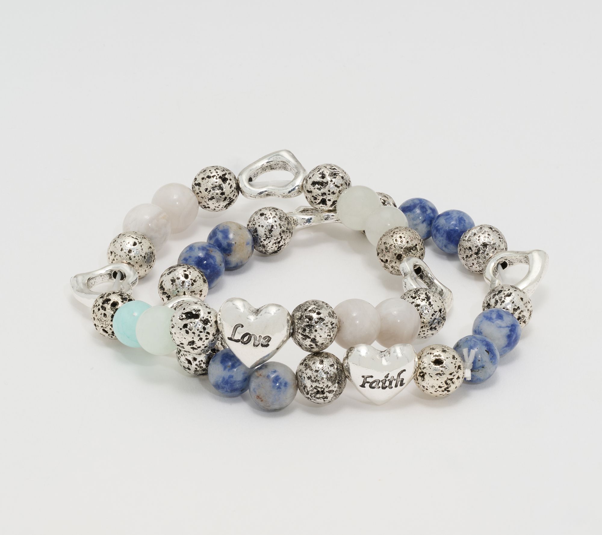 Zorbitz Set of 2 Lava & Gemstone Bead Heart Charm Bracelets
