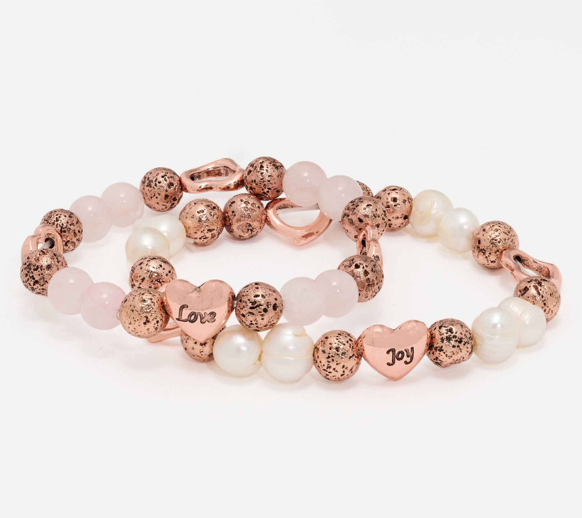 Zorbitz Set of 2 Lava & Gemstone Bead Heart Charm Bracelets