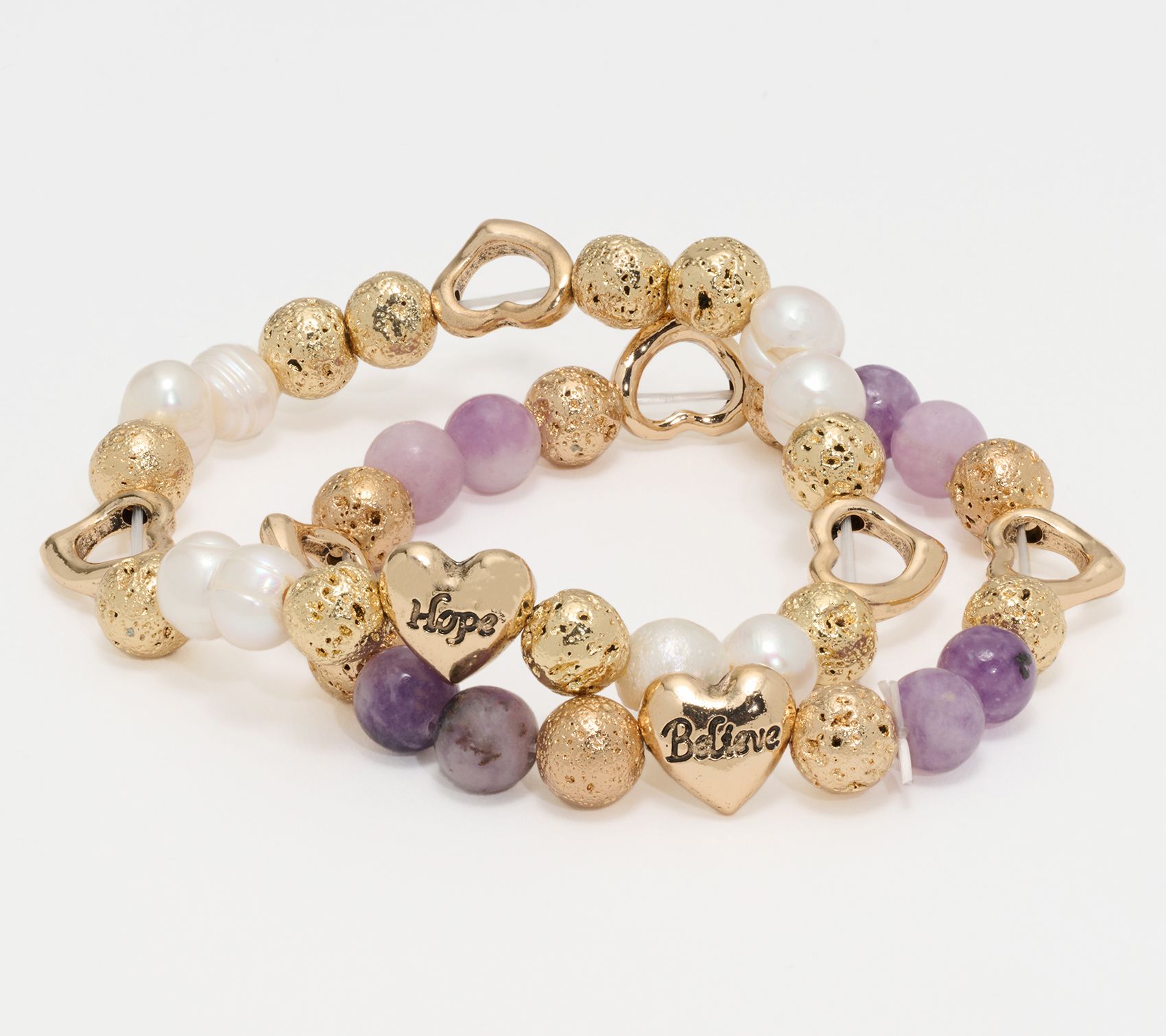 Zorbitz Set of 2 Lava & Gemstone Bead Heart Charm Bracelets
