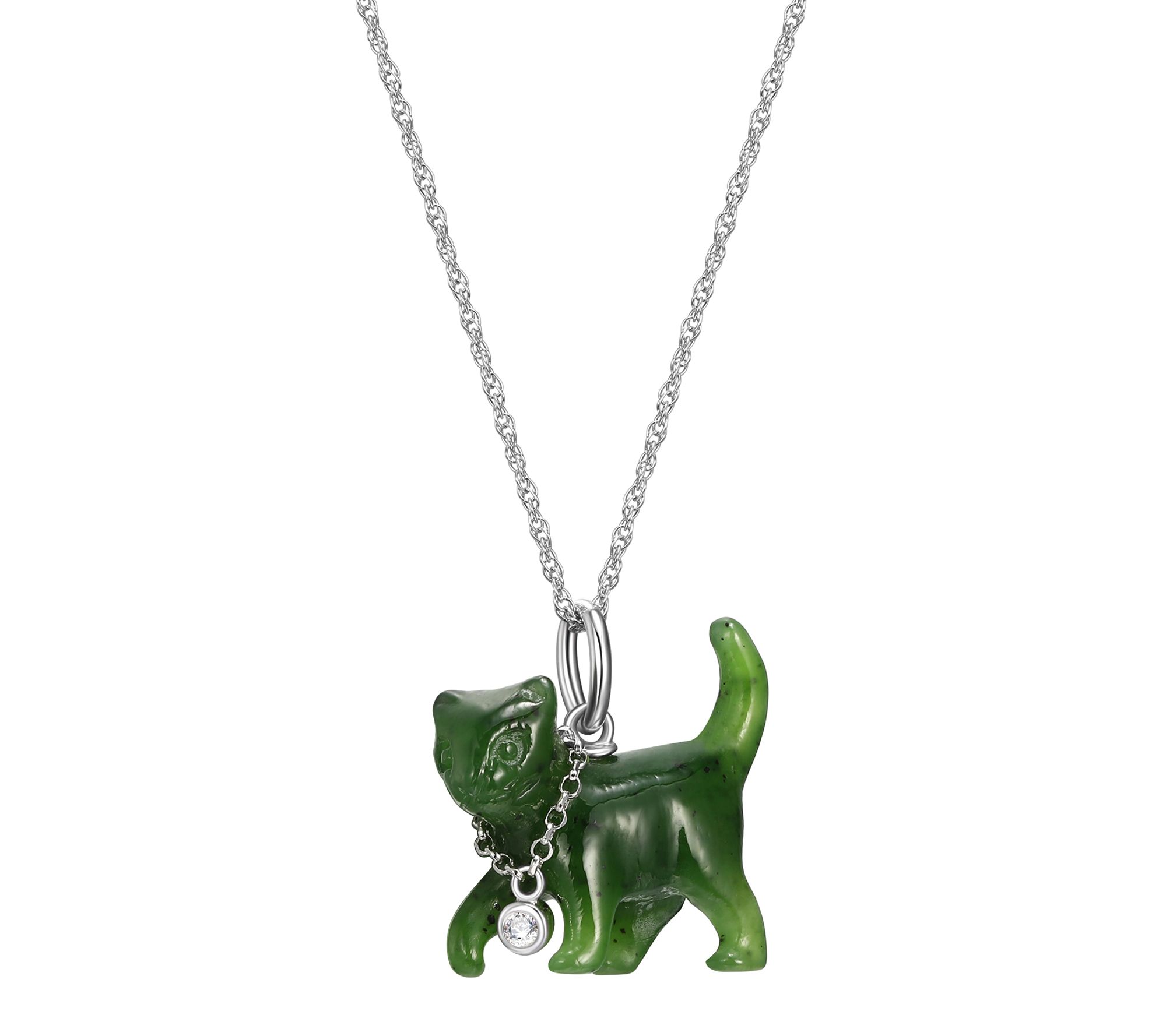 Dynasty Jade Cat Pendant w/ Chain, Sterling Silver