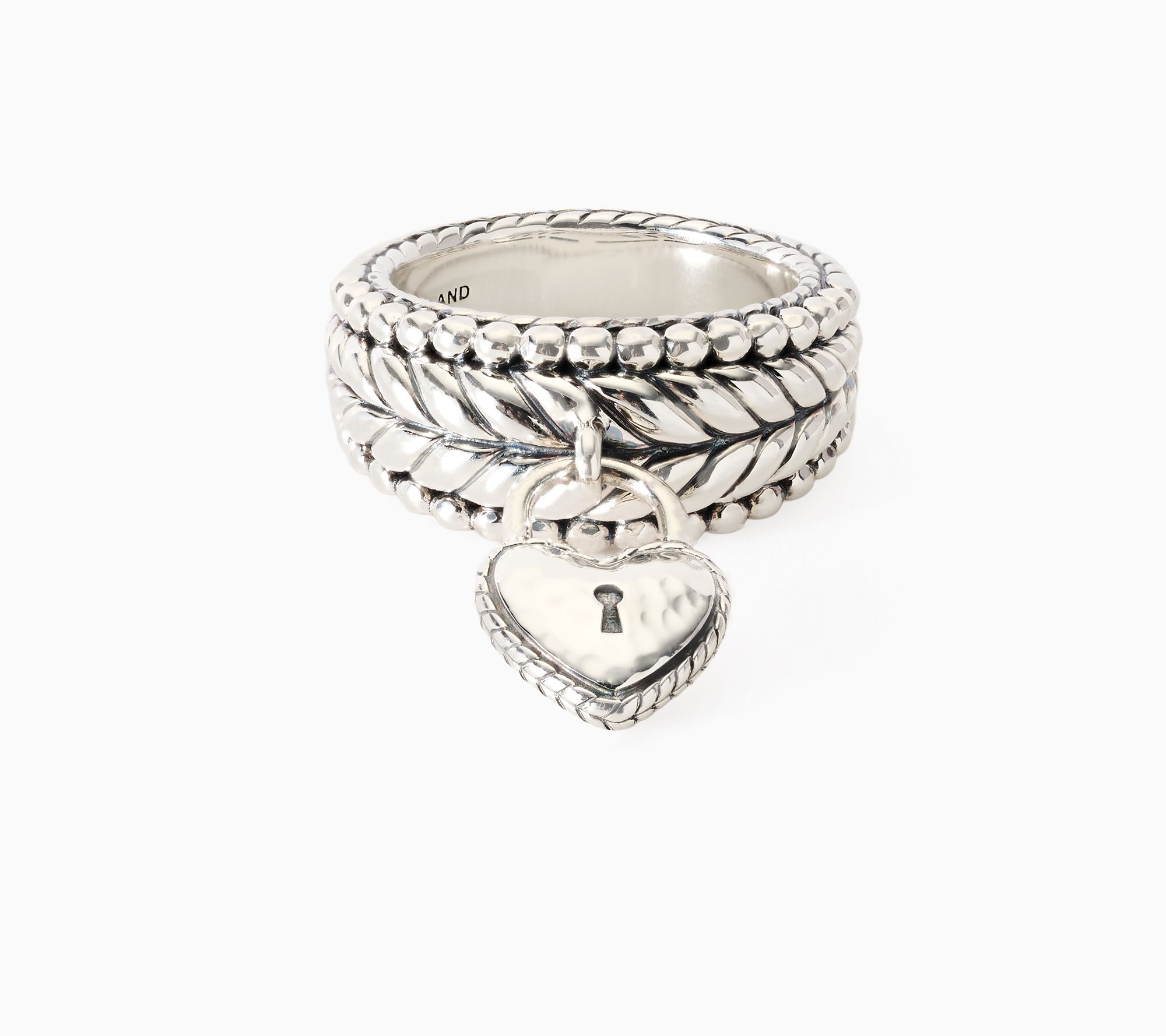 JAI Sterling Silver Love Lock Charm & Shimmer Bead Ring