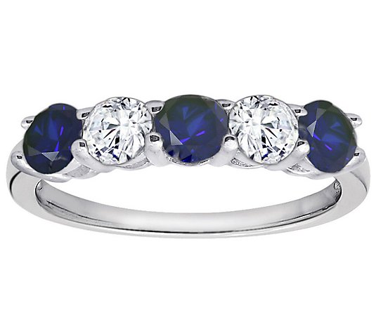 Diamonique & Simulated Sapphire 5 Stone Ring, Platinum Clad