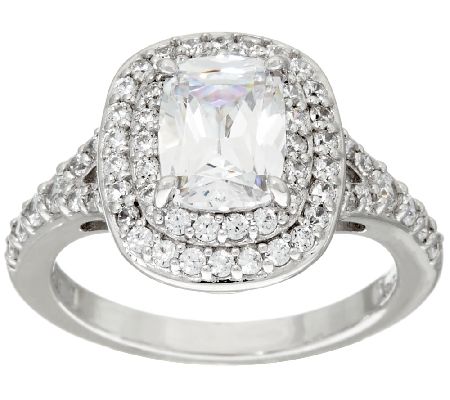 Diamonique Double Halo Emerald Cut Ring, Platinum Clad - QVC.com