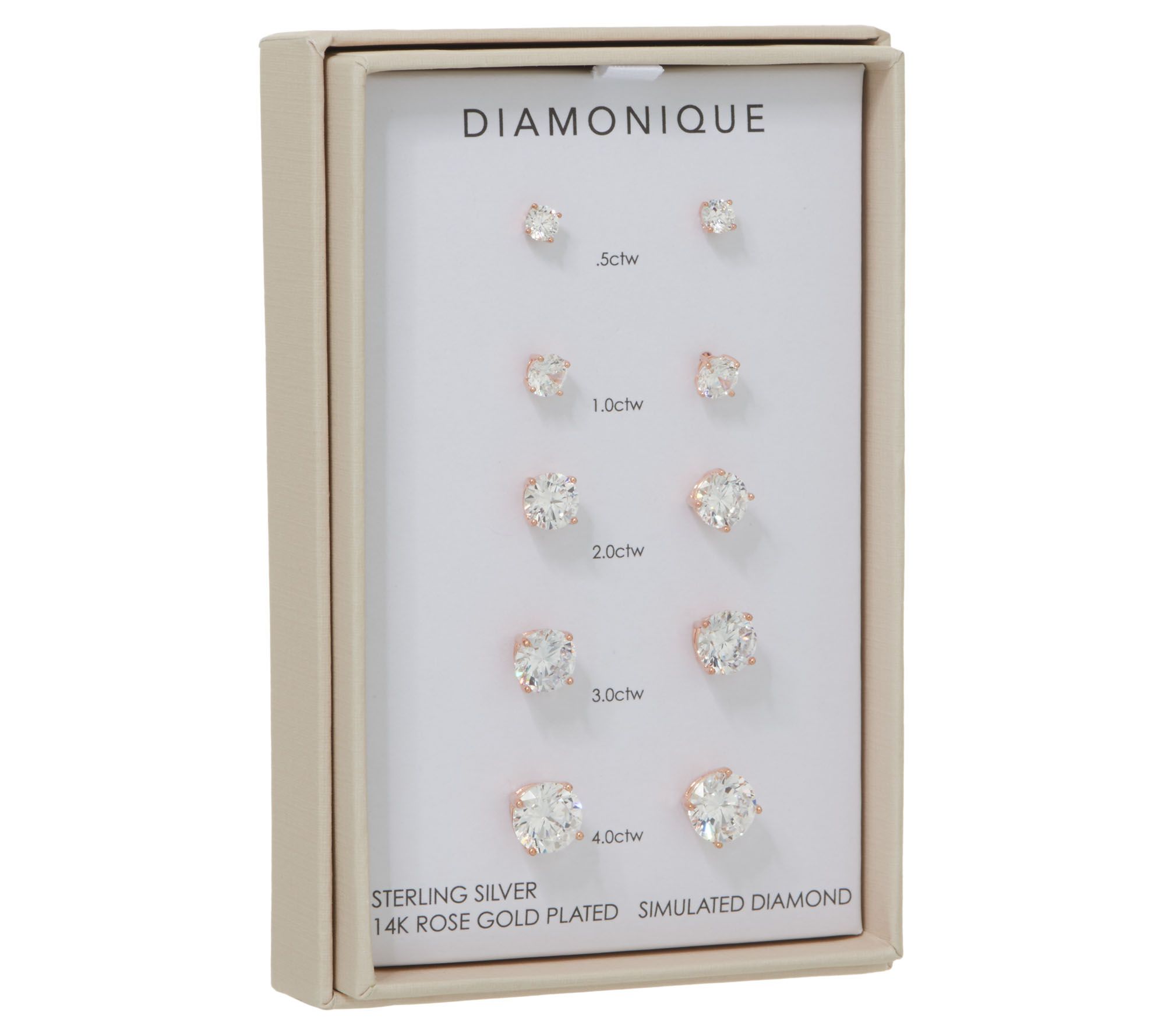 "As Is" Diamonique Set of 5 Stud Earrings, Sterl or 14K Plated