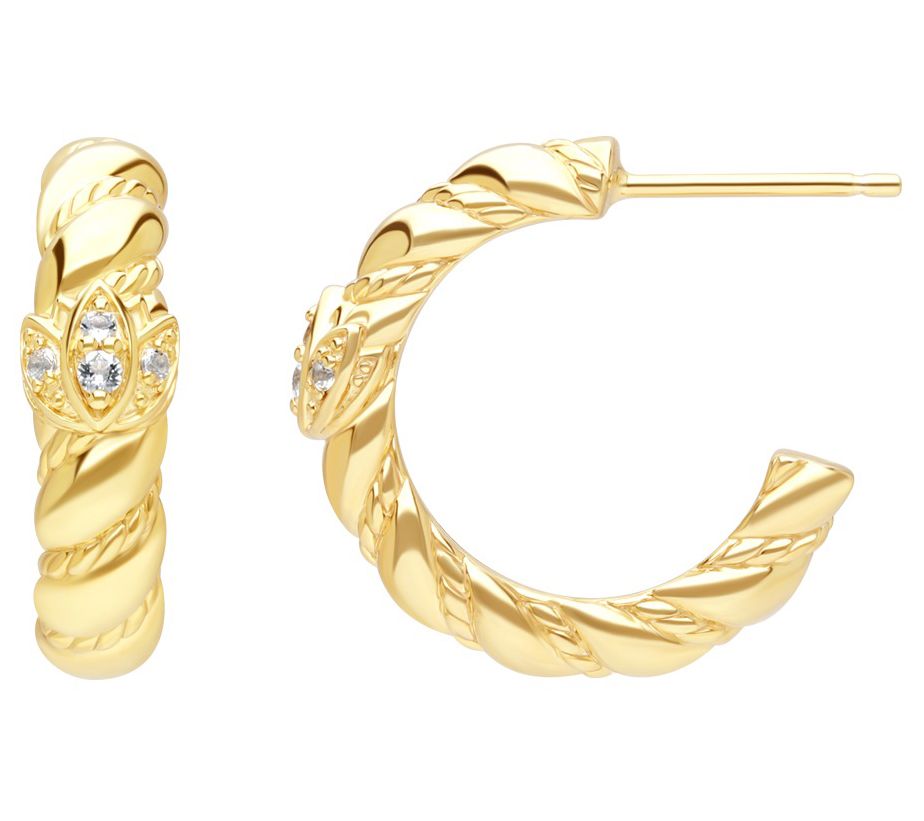 Goddaughters 14K Gold Clad White Topaz Lotus Hoop Earrings