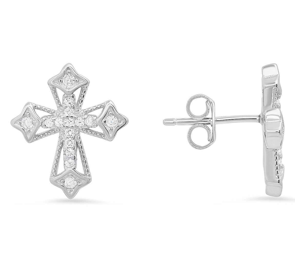 Diamonique Vintage Cross Stud Earrings, Sterling Silver