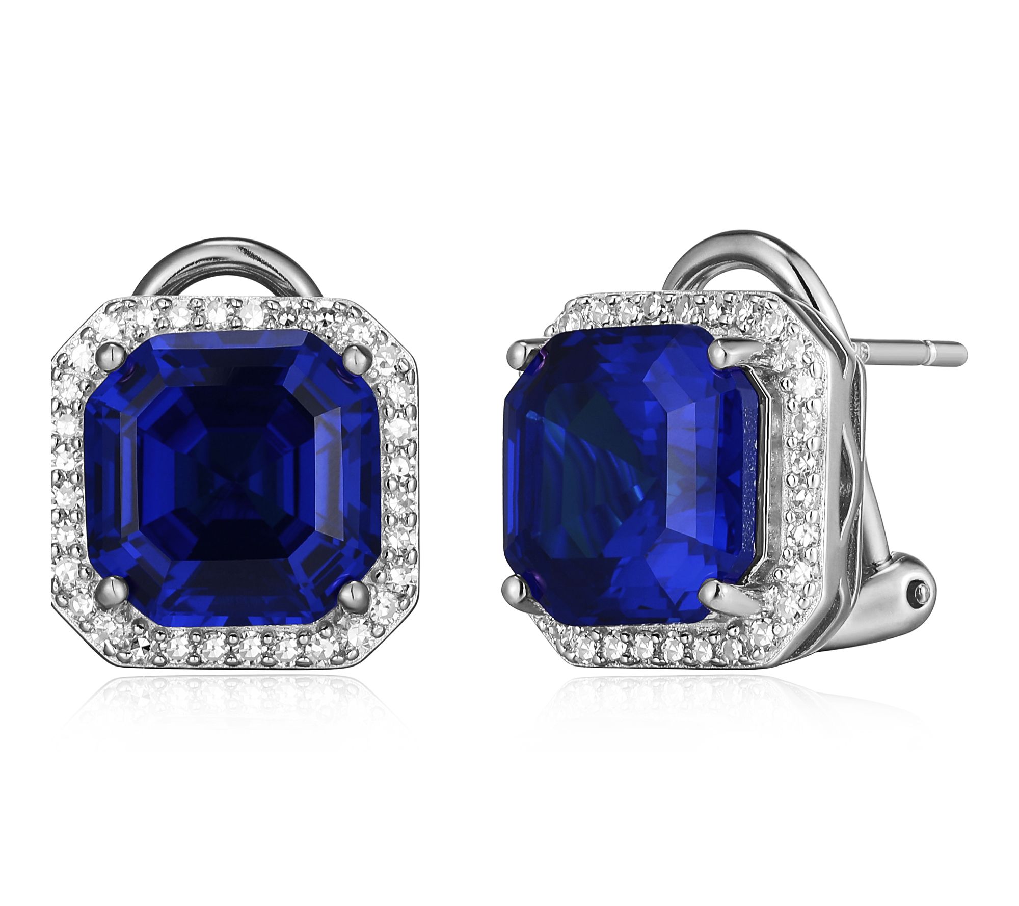 LuxLab Grown Sapphire & Diamond Omega Back Earr ings, Sterling