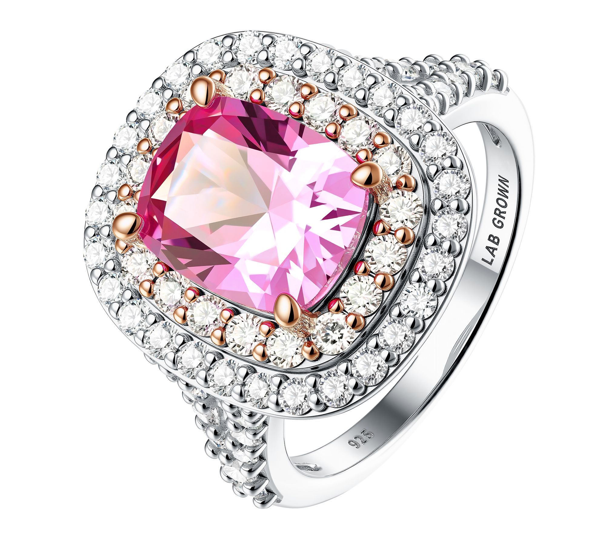 Fire Light Lab Grown Diamond Halo & Pink Sapphire Ring, Sterli
