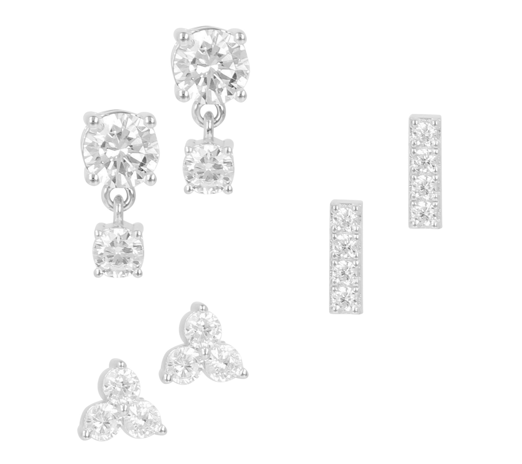 Diamonique Set of 3 Stud Boxed Earrings, Sterling Silver