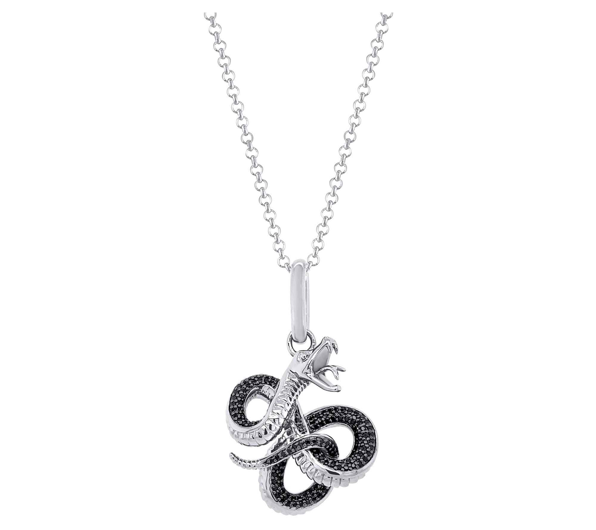 Men's Sterling Silver Black Diamond Snake Pendat w/ Chain