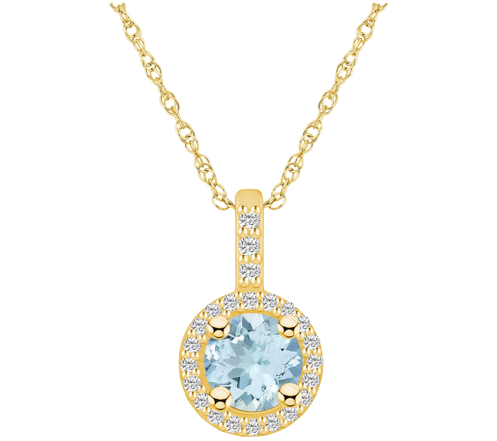 Affinity Gems Aquamarine & Diamond Halo Pendant w/ Chain, 14K
