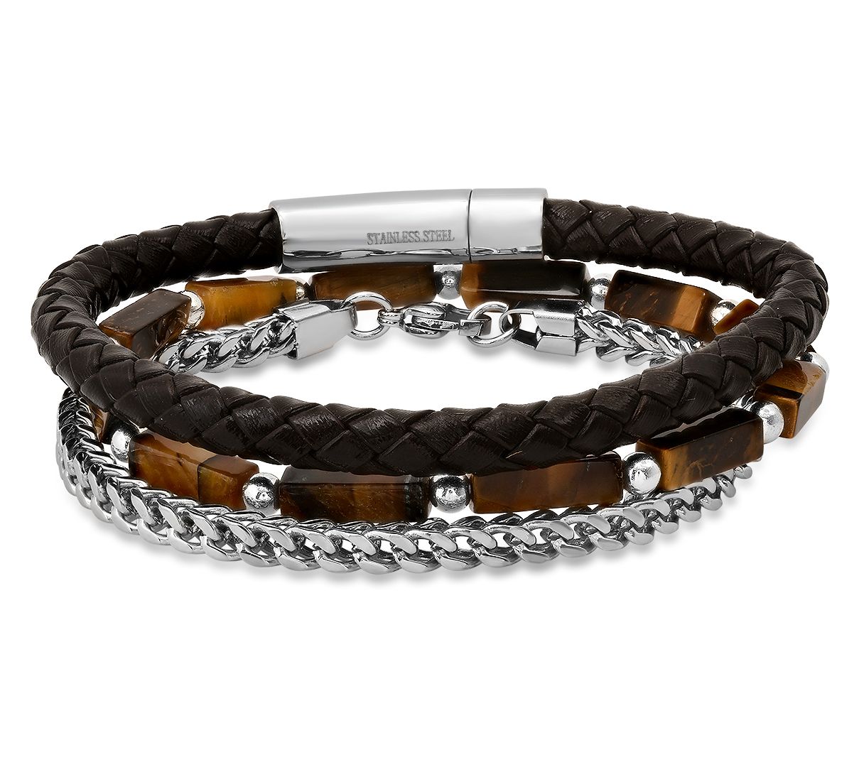 Steel by Design Men's Leather & Tiger's Eye Bracelet Set