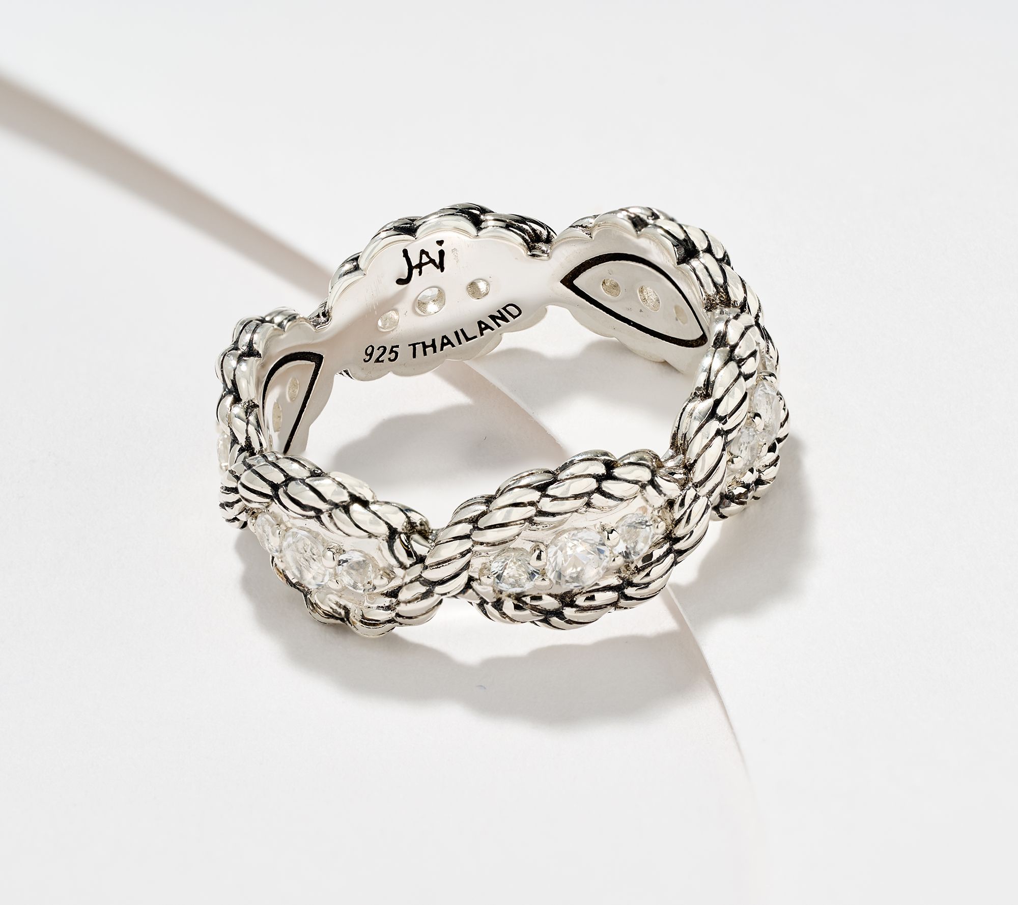 JAI Ireland Sterling Silver Cara Rope Pave Gemstone Ring