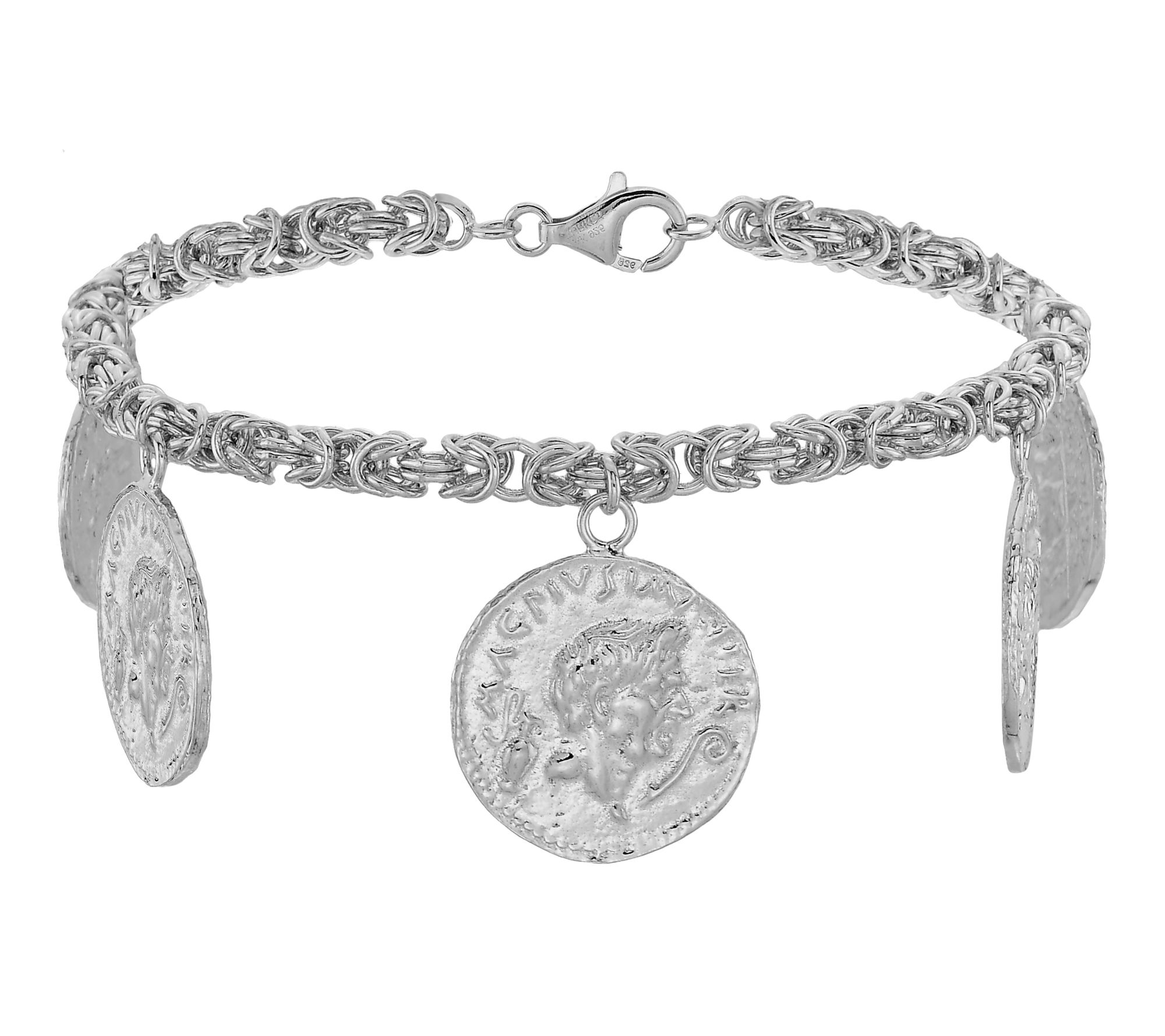 Silver Style Byzantine Coin Charm Bracelet, Sterling