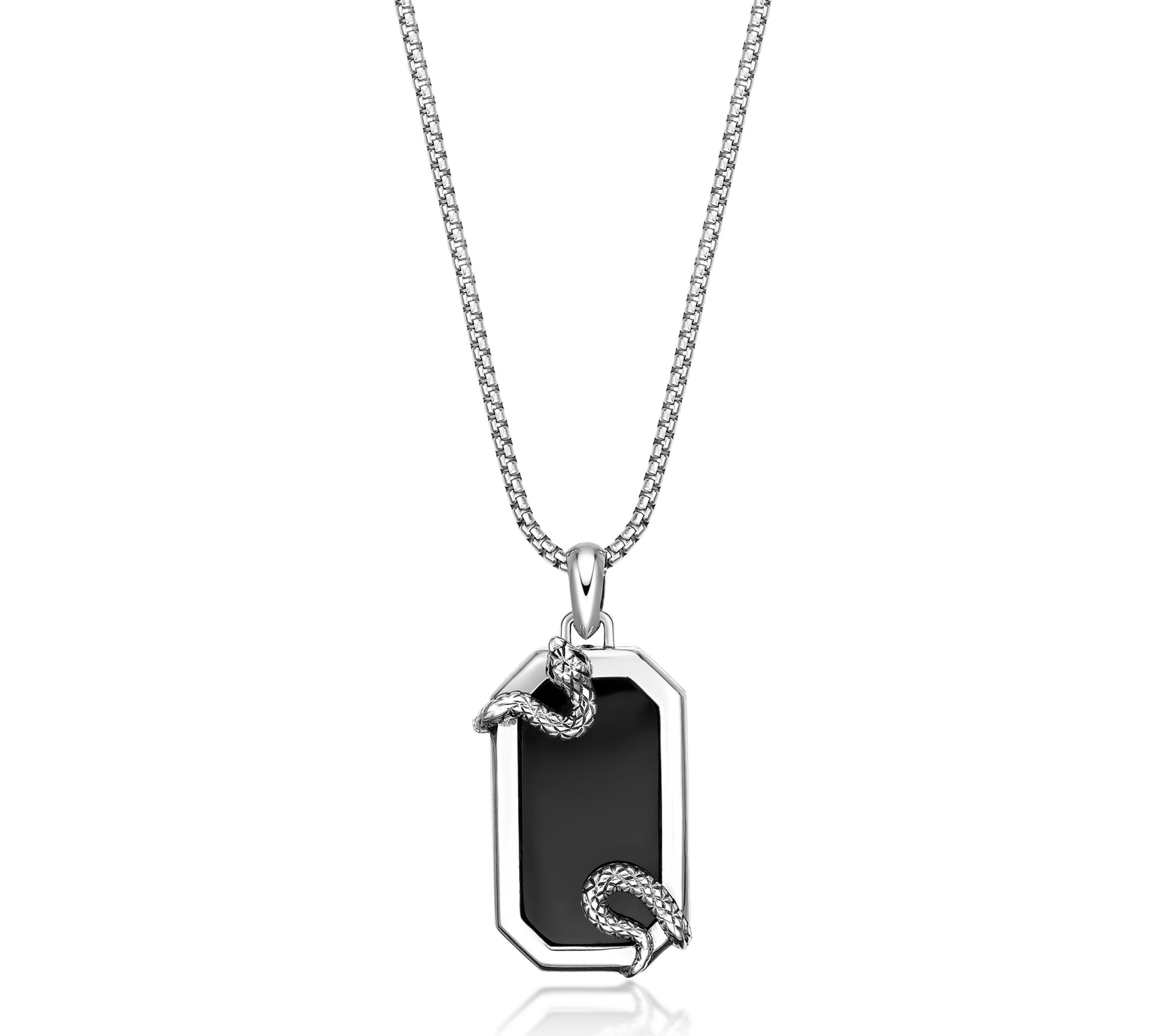 LYNX Men's Sterling Silver Onyx Snake Pendant w/ Box Chain