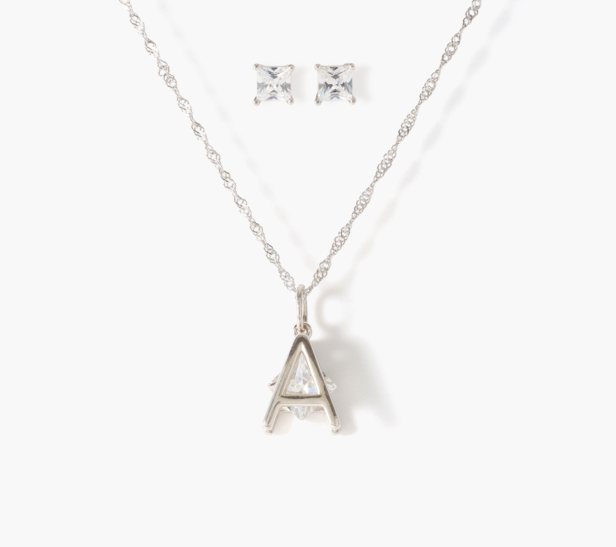 Diamonique Initial Necklace & Earrings Set Sterling Silver