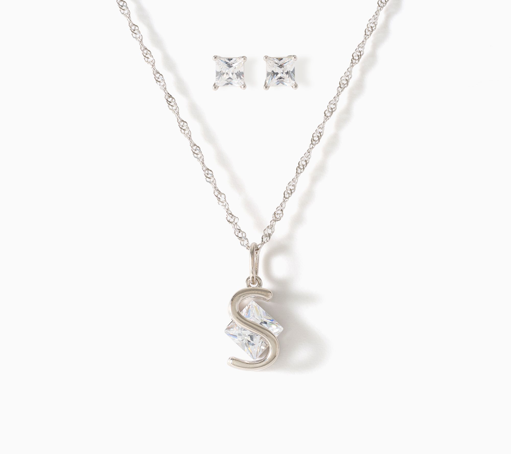 Diamonique Initial Necklace & Earrings Set Sterling Silver