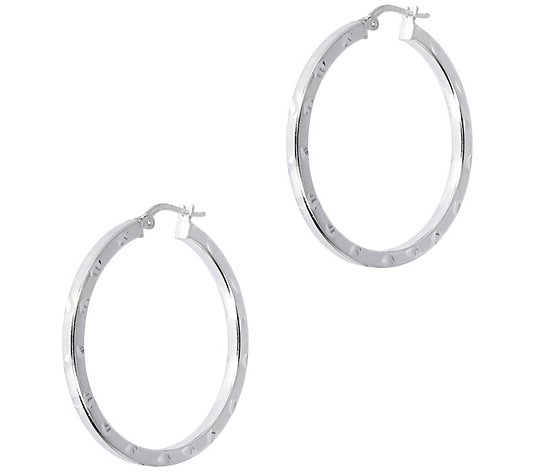 Italian Silver Polished Diamond Cut 1-3/8" Round Hoop Earrings