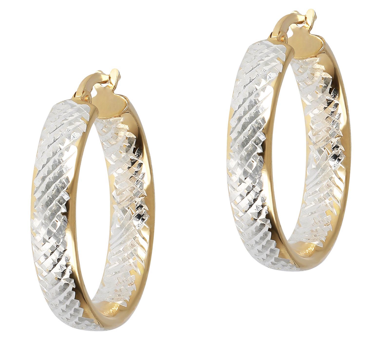 Italian Silver 1"  Diamond Cut Two-Tone Hoop Earrings
