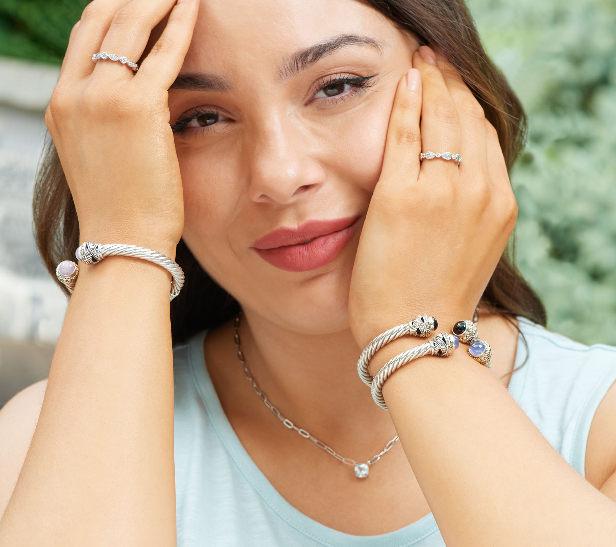 Artisan Crafted Sterling Silver & 18K Exotic Gem Cable Bracelet