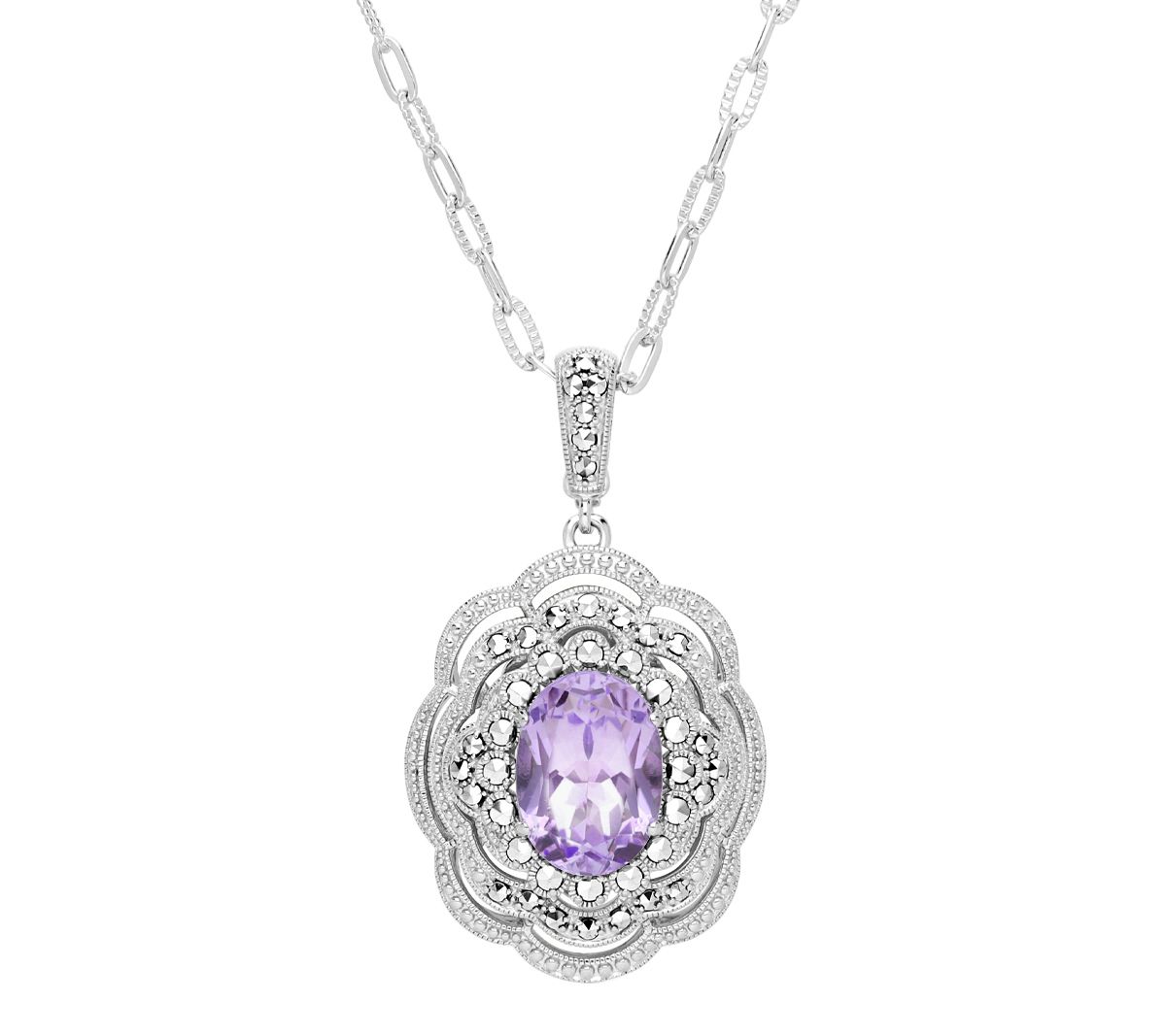 Dallas Prince Sterling Amethyst & Marcasite Pendant w/ Chain